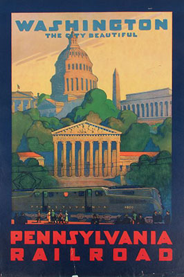 This poster by Grif Teller (1899–1993) features the Supreme Court Building in the center, surrounded by portions of other Washington buildings and monuments. It also promotes Pennsylvania Railroad’s new class GG1 locomotive engine.